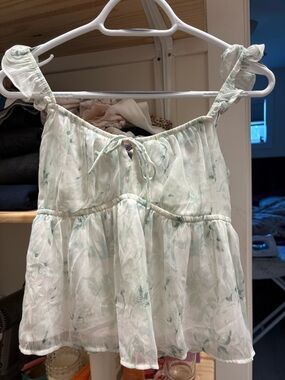 Hollister Light Mint Floral Ruffle Tie-Shoulder Tank Top